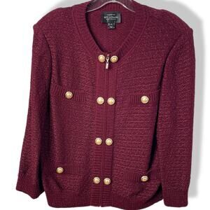 St. John knit jacket burgundy metallic sparkle pearl buttons zip 12